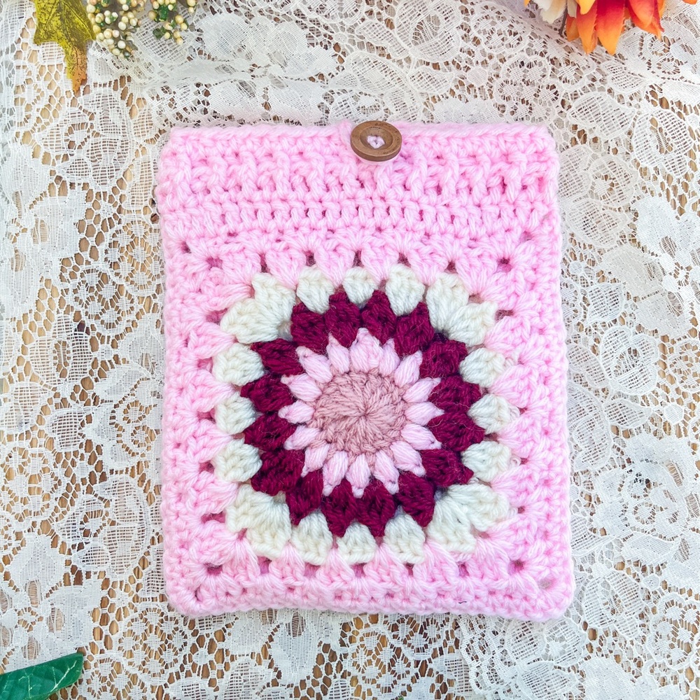 Handmade Crochet Pink Granny Square Kindle Sleeve Cover